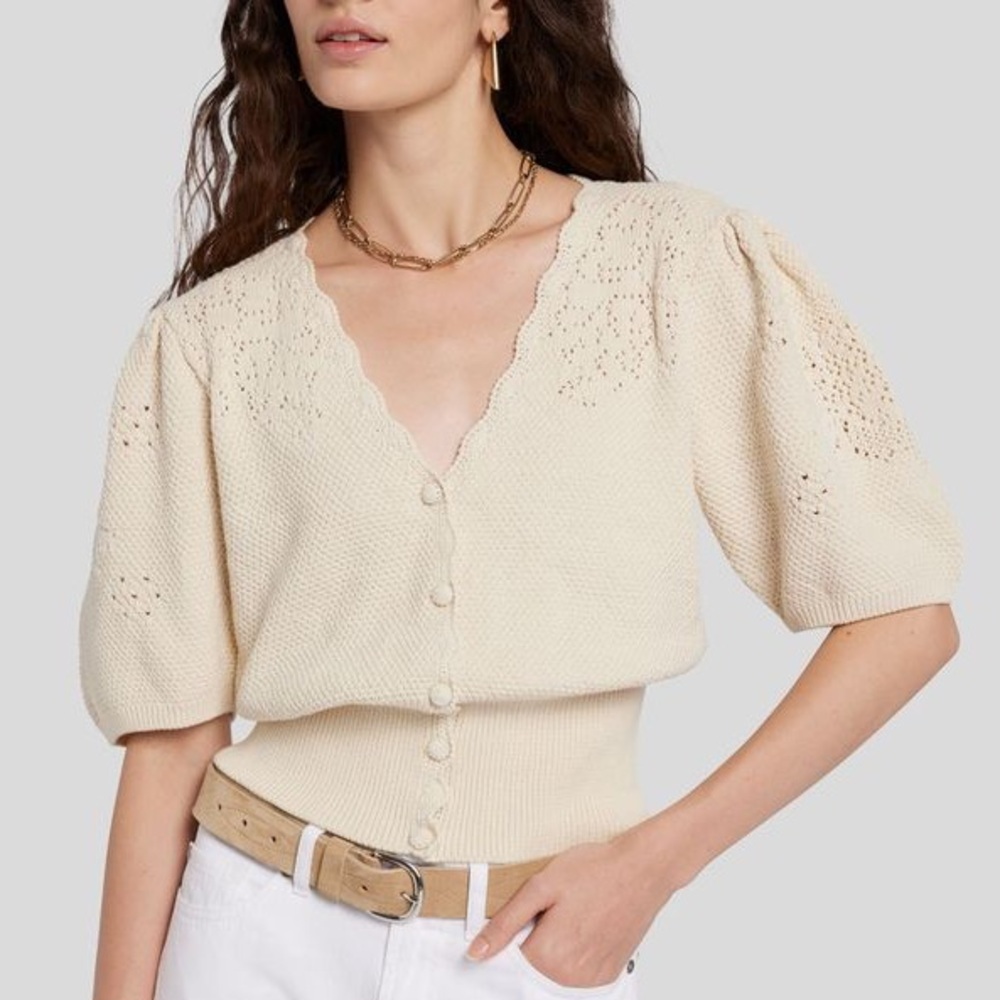 7 For All Mankind | Pointelle Peplum Cardigan / Blouse Women's Cream M - Picture 6 of 7